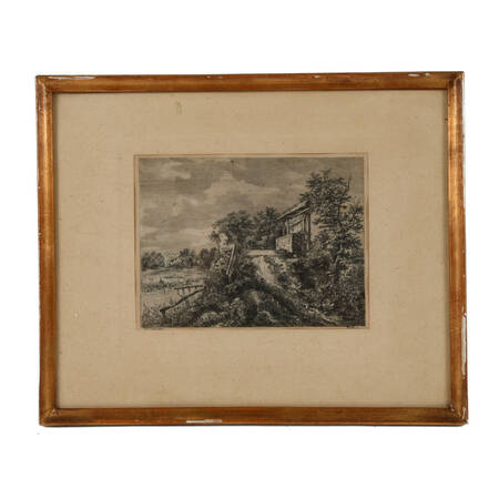 Antique Framed Drypoint Etching Landscape