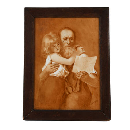 Antique Painting on a Porcelain Plaque of a Man and Child