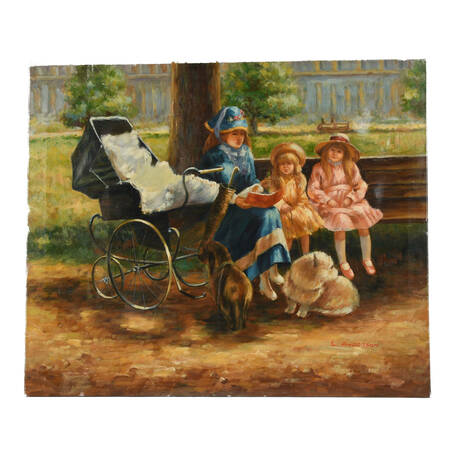 Oil on Canvas of a Mother and Her Children at a Park