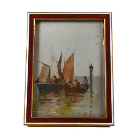Signed Brass and Enamel Framed Painting on Tin Depicting Chinese Seascape