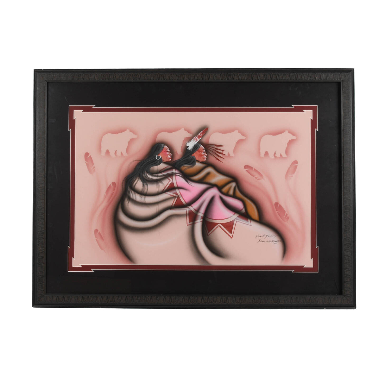 Framed Signed Robert Redbird Jr. Watercolor Two Kiowa Persons