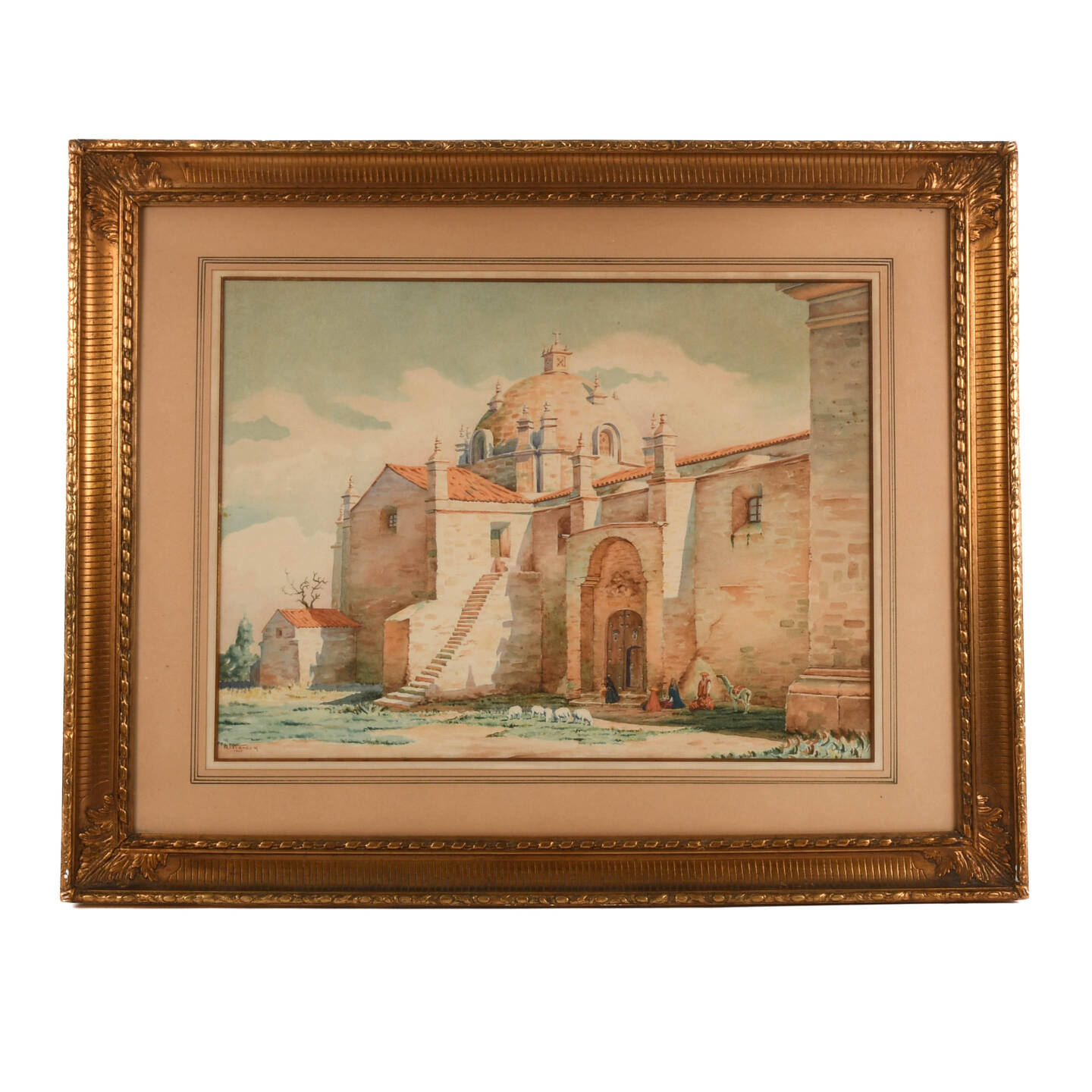 Framed Signed A. Velandoa Peruvian Church Watercolor Painting