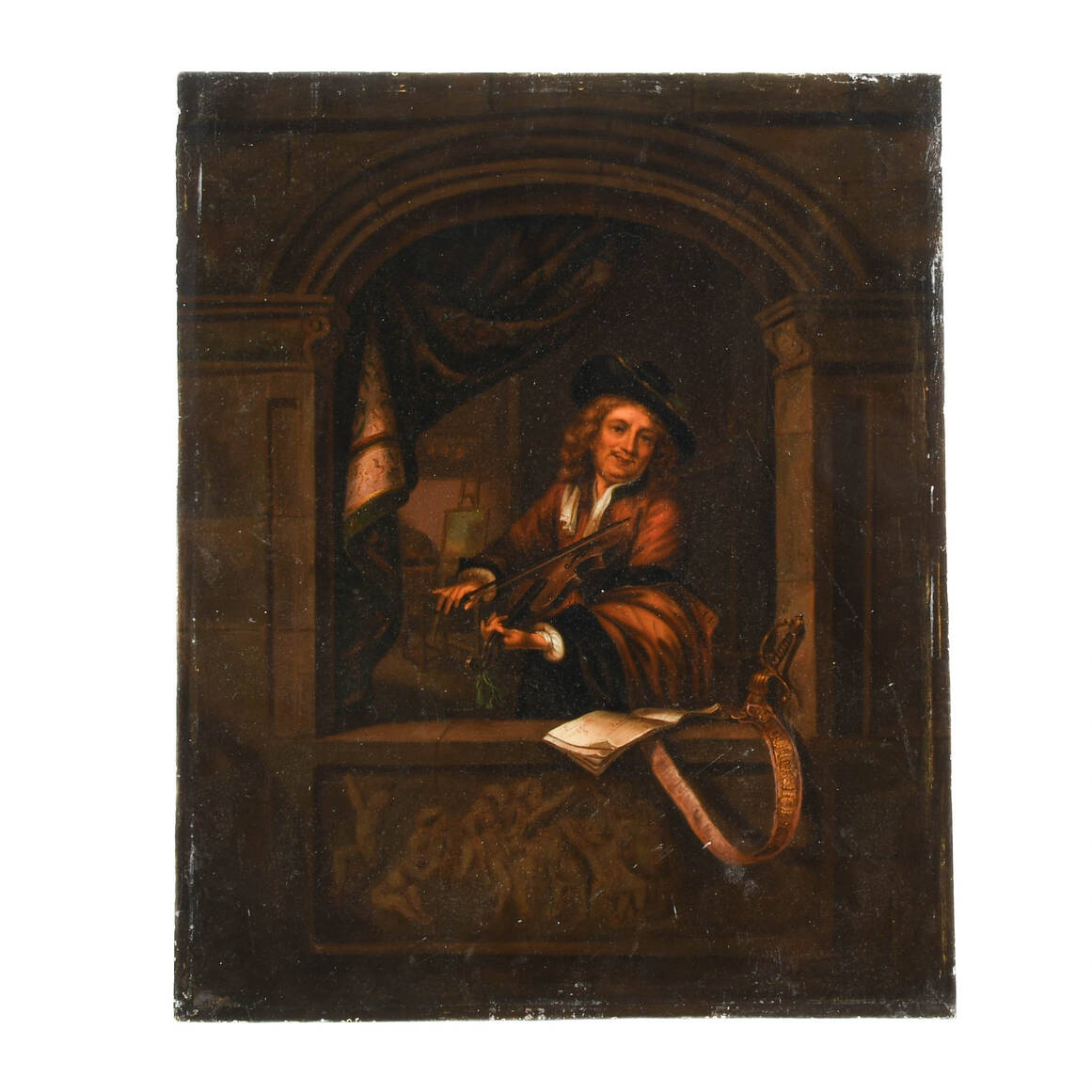 Antique Oil on Metal Gerrit Dou-Style "The Violin Player"