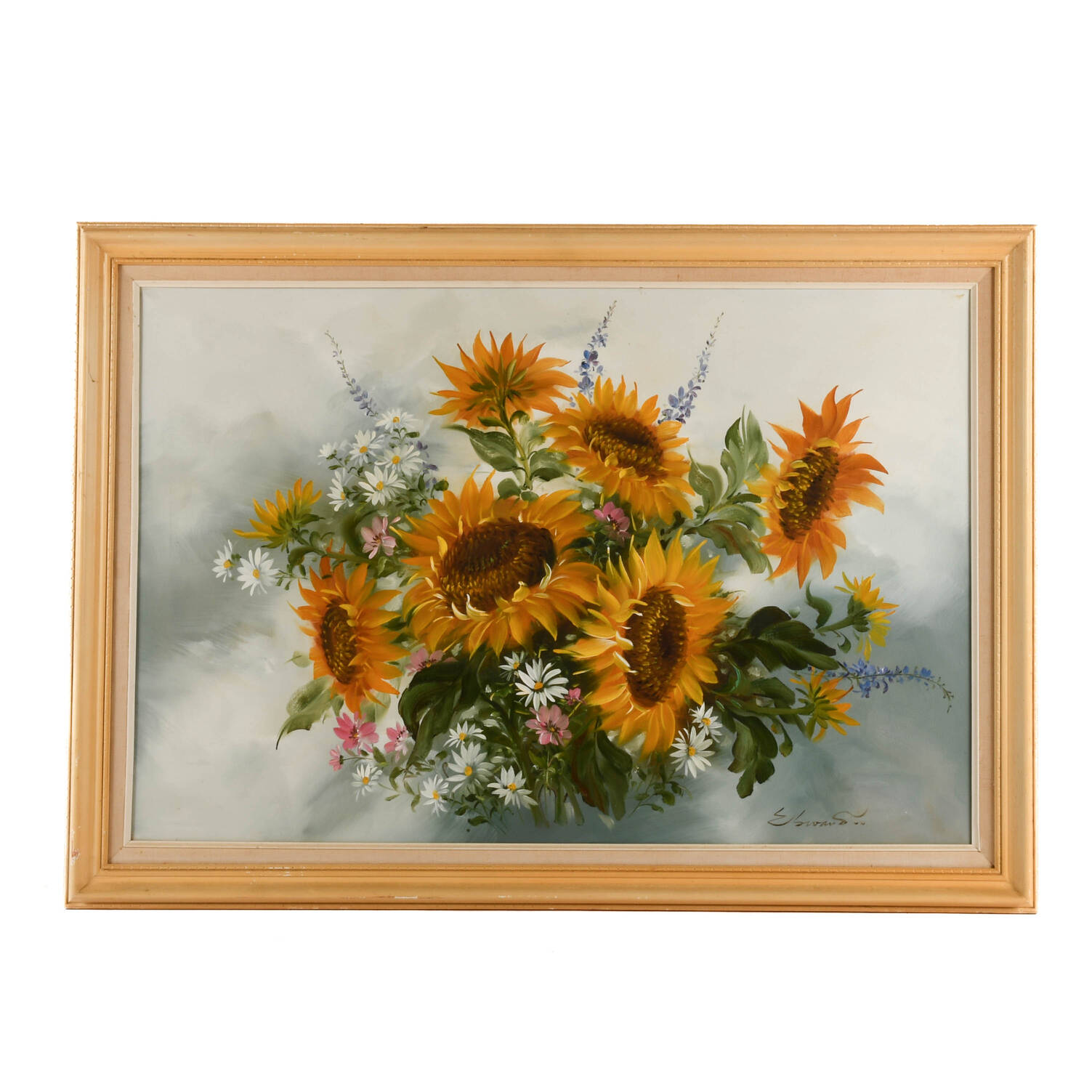 Framed Signed Sunflower Spray Oil Painting on Canvas