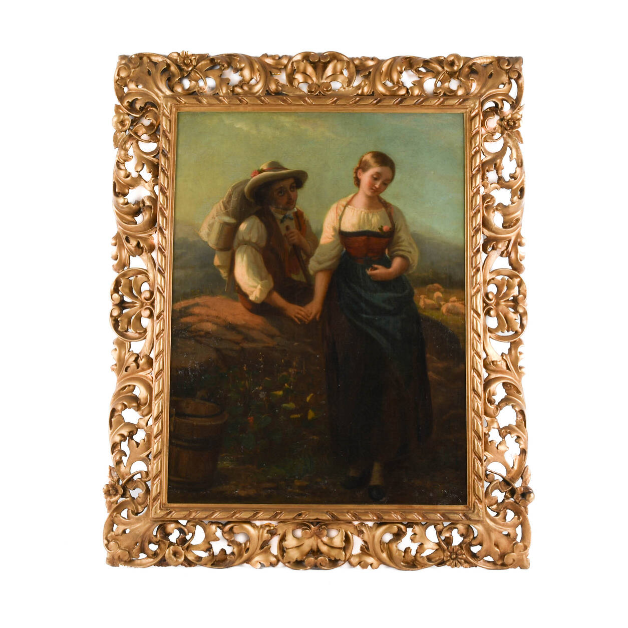 Antique Framed German Couple Oil on Canvas in the Style of Friedrich Prölss