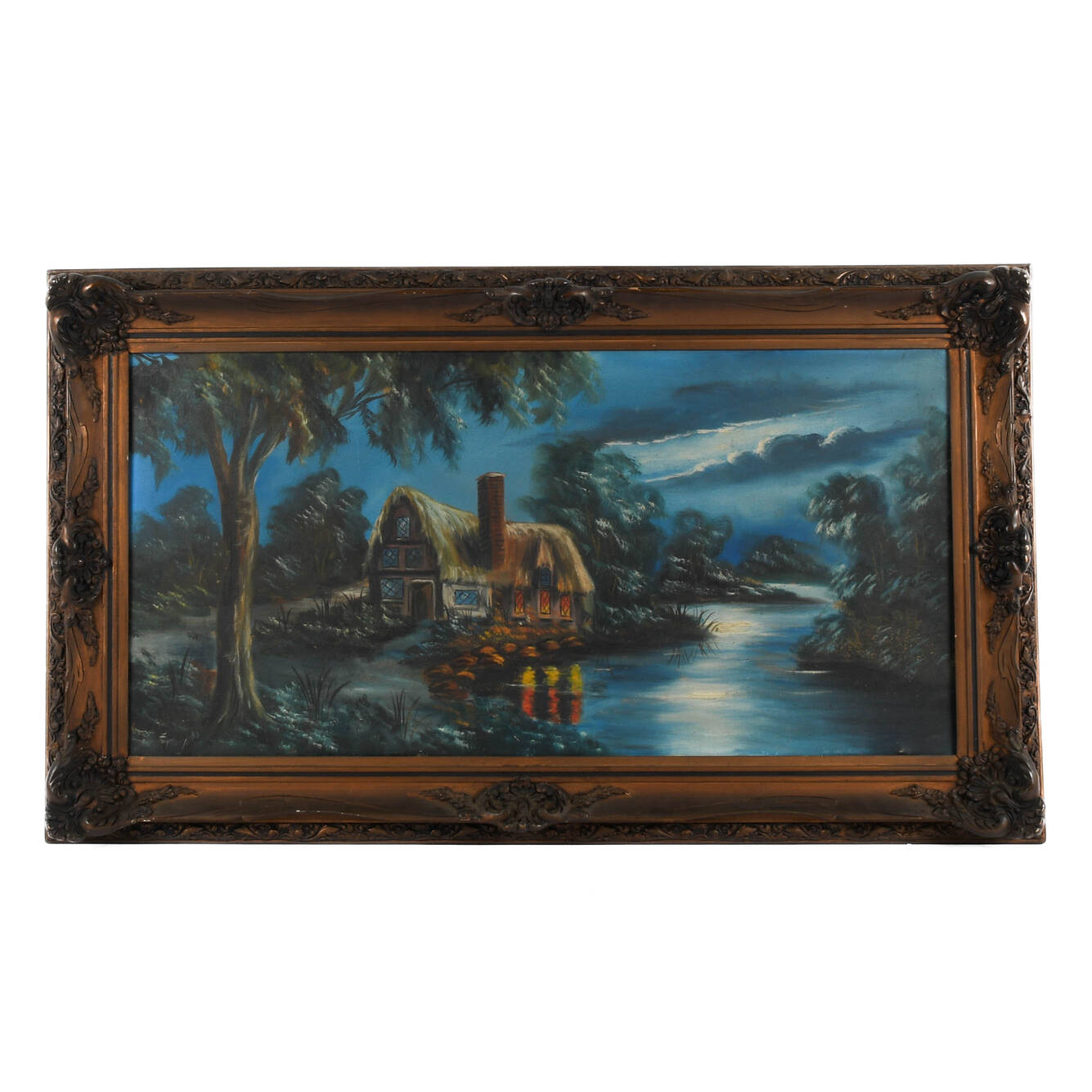 Antique Framed Signed Lonely Cottage Oil on Canvas