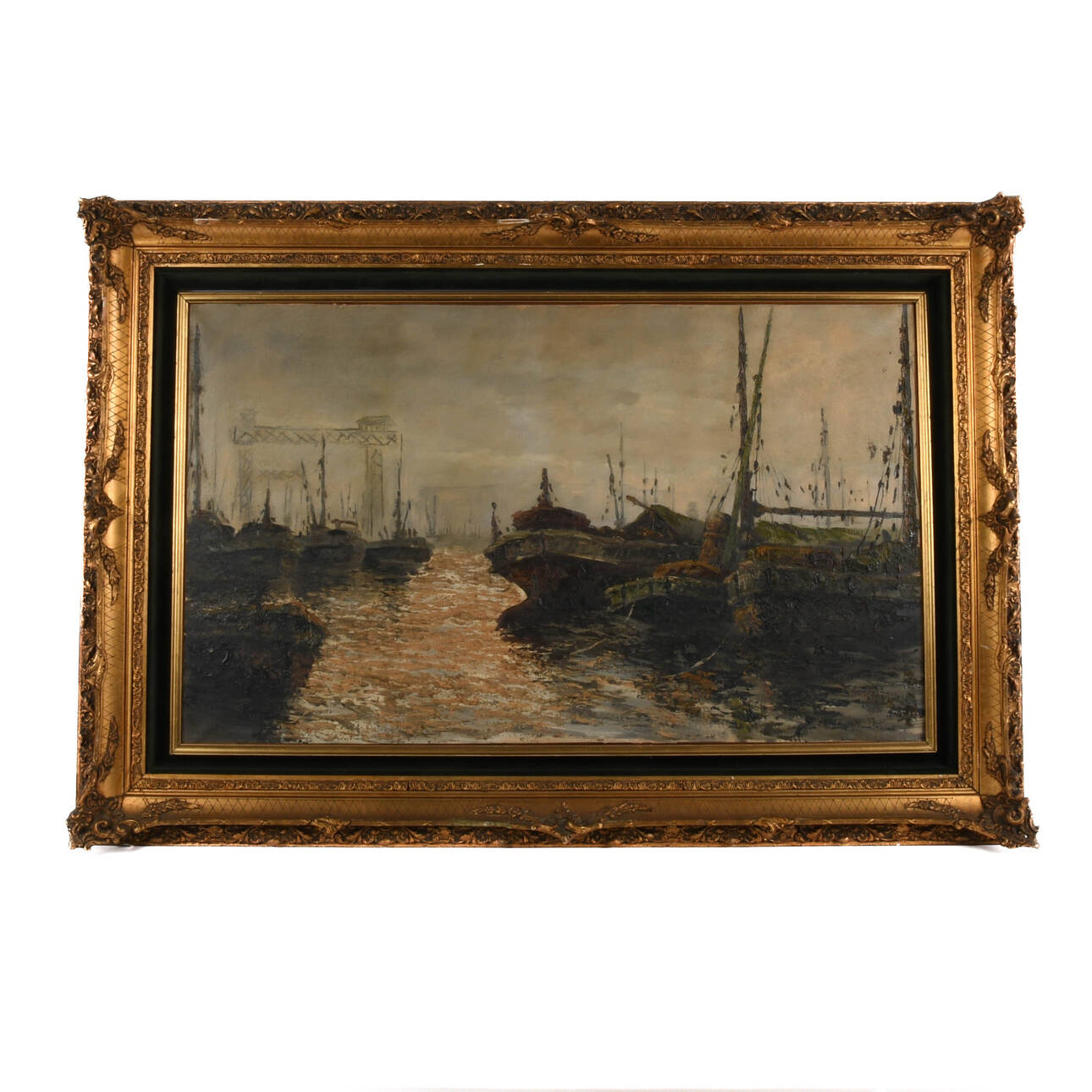 Antique Signed Michel Girard Industrial Port Oil on Canvas Painting