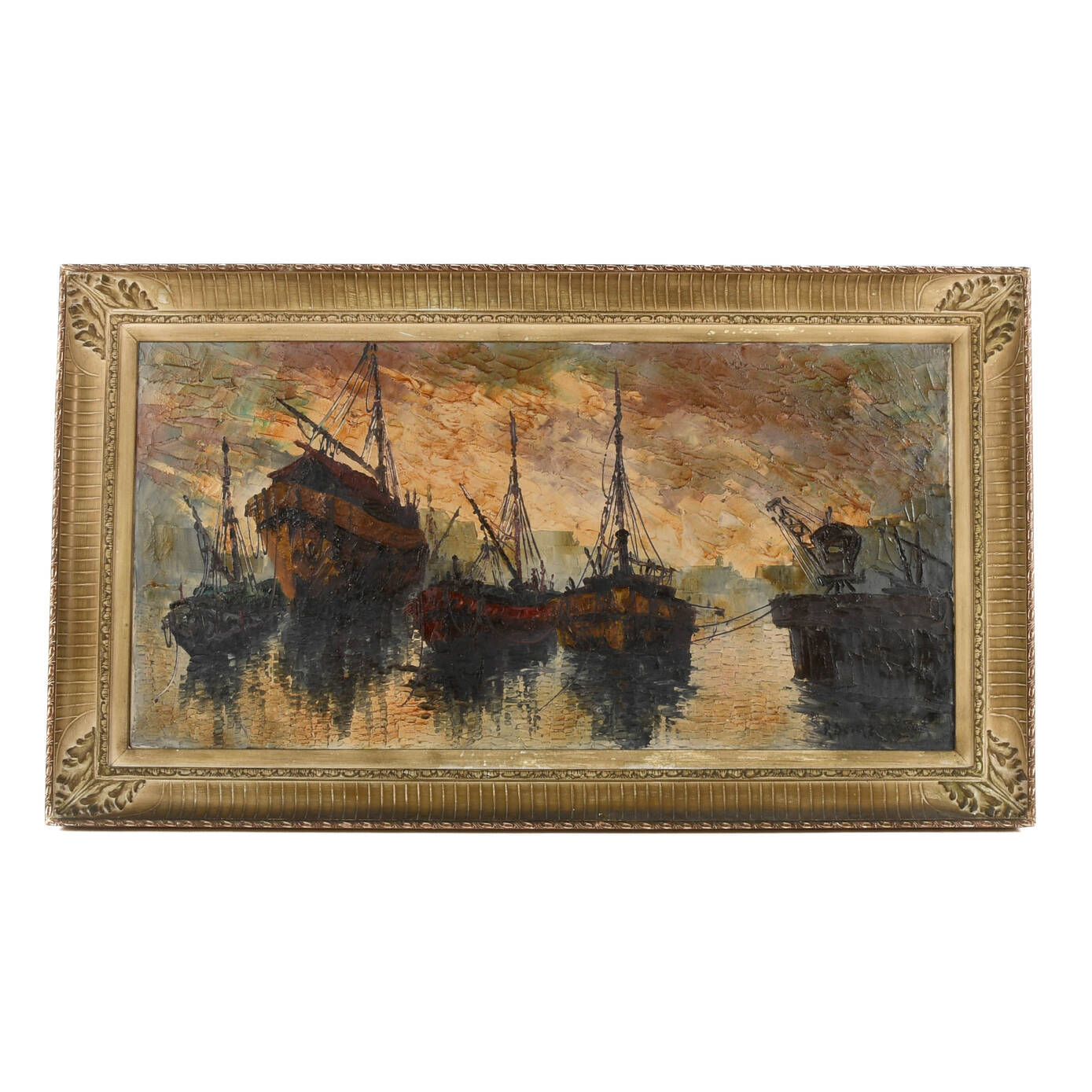 Antique Signed Michel Girard Busy Harbor Oil on Canvas