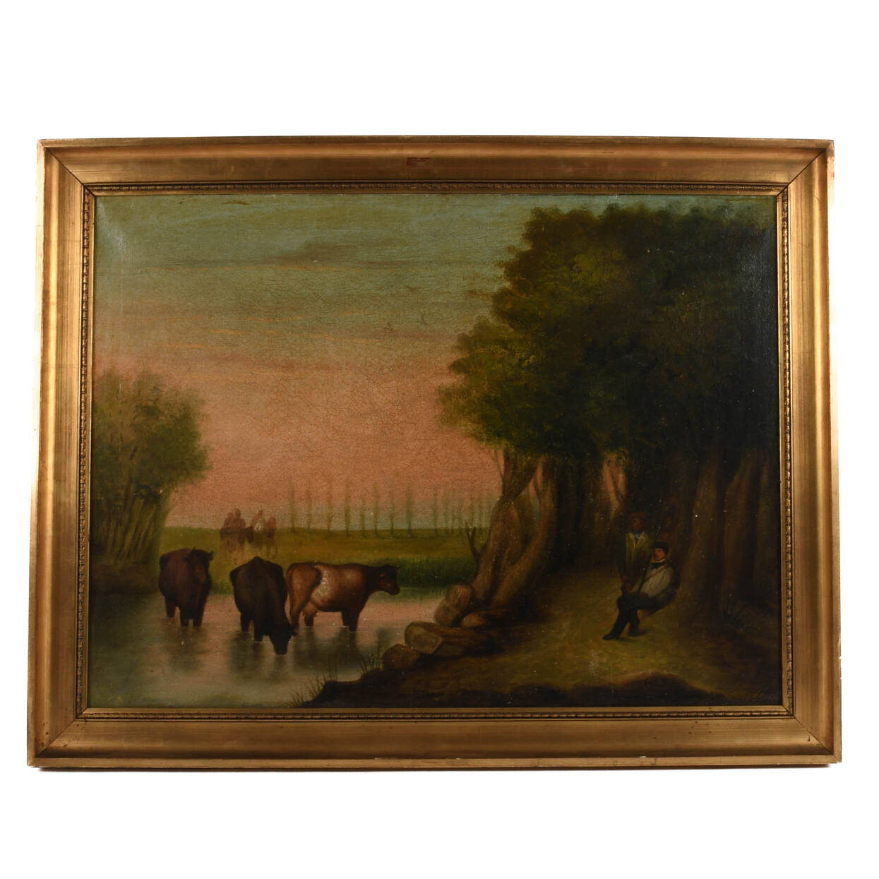 Antique Framed Cattle Watering Oil on Canvas Painting