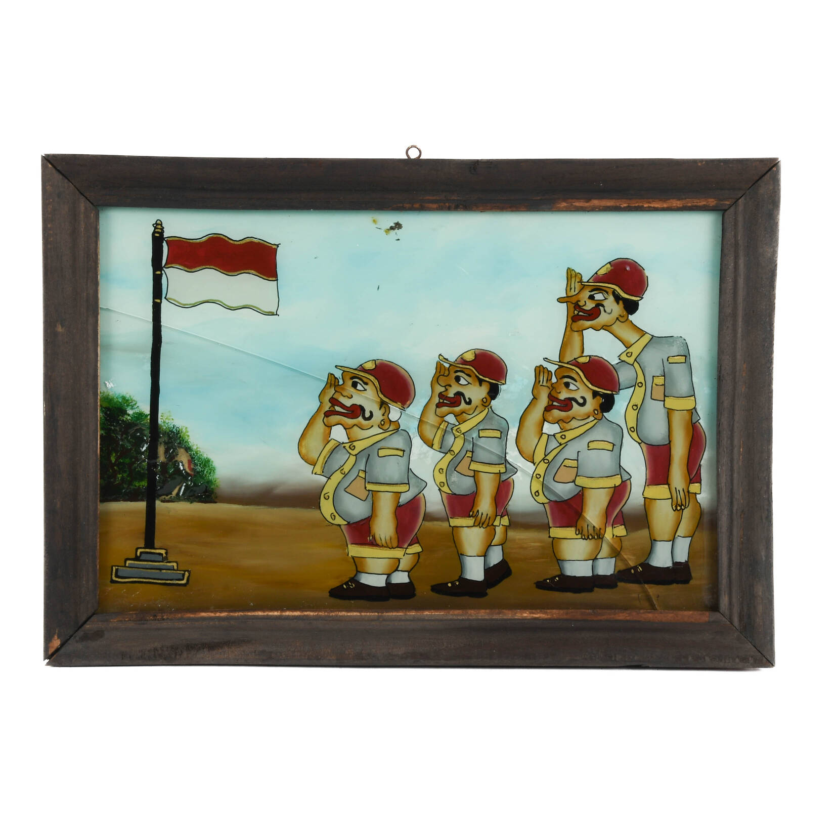 Framed Punakawan Reverse Glass Painting Indonesian Flag Tribute