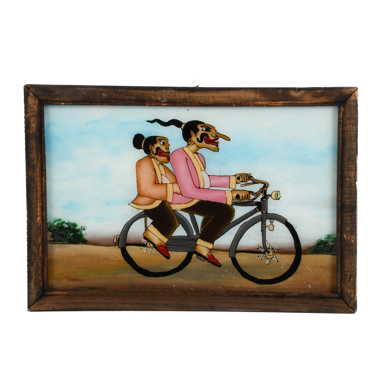 Framed Punakawan Reverse Painting Glass Bicycle Ride