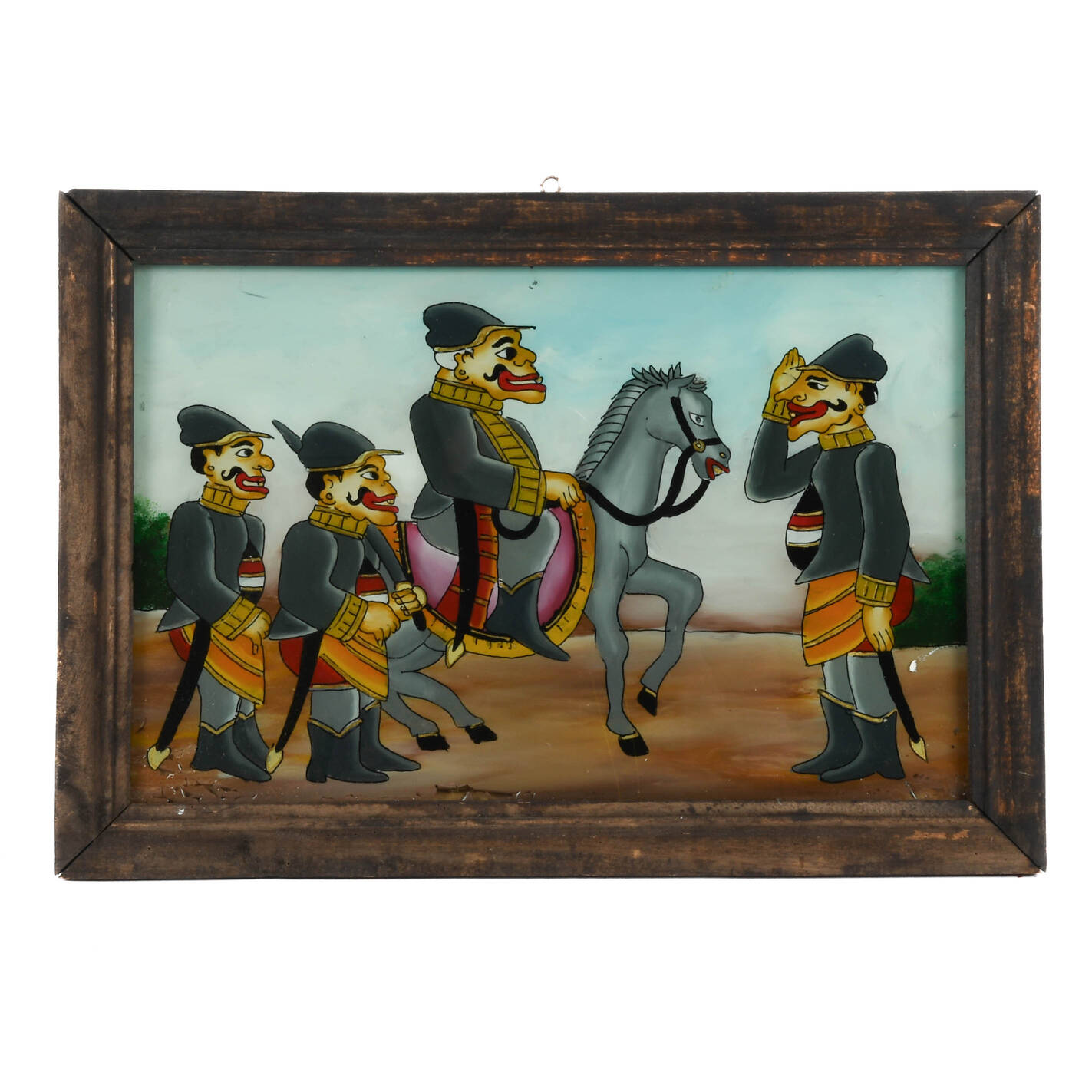 Framed Punakawan Reverse Painting Glass Military Salute