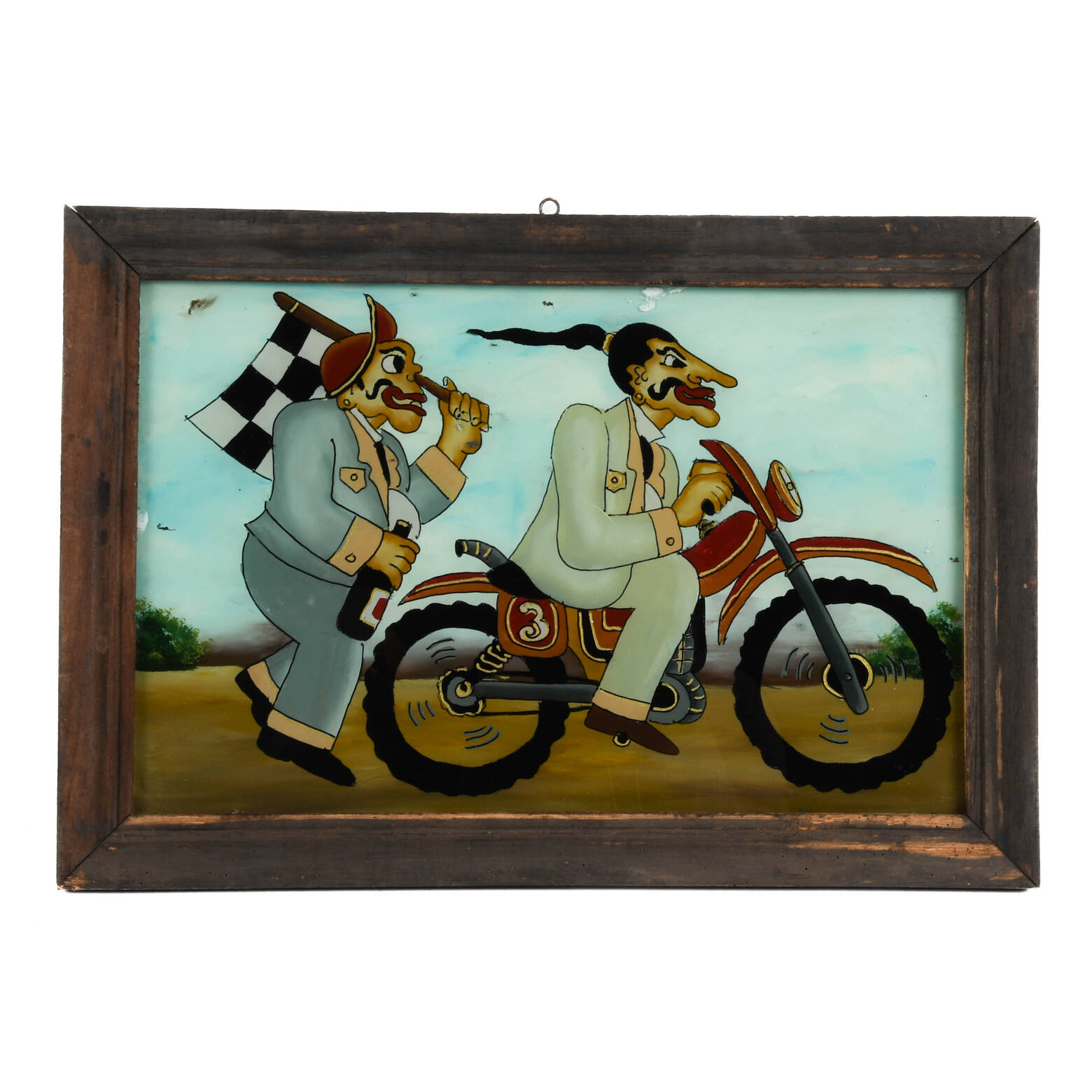 Framed Punakawan Reverse Glass Painting Patruk and Bagong Motorcycle Race