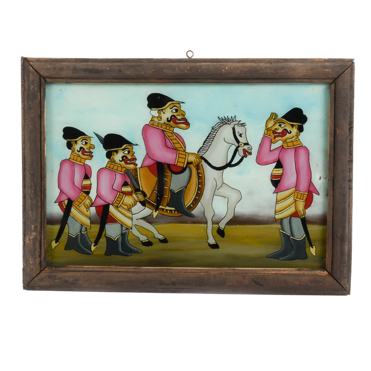 Framed Punakawan Reverse Painting Glass Pink Uniform Military Salute