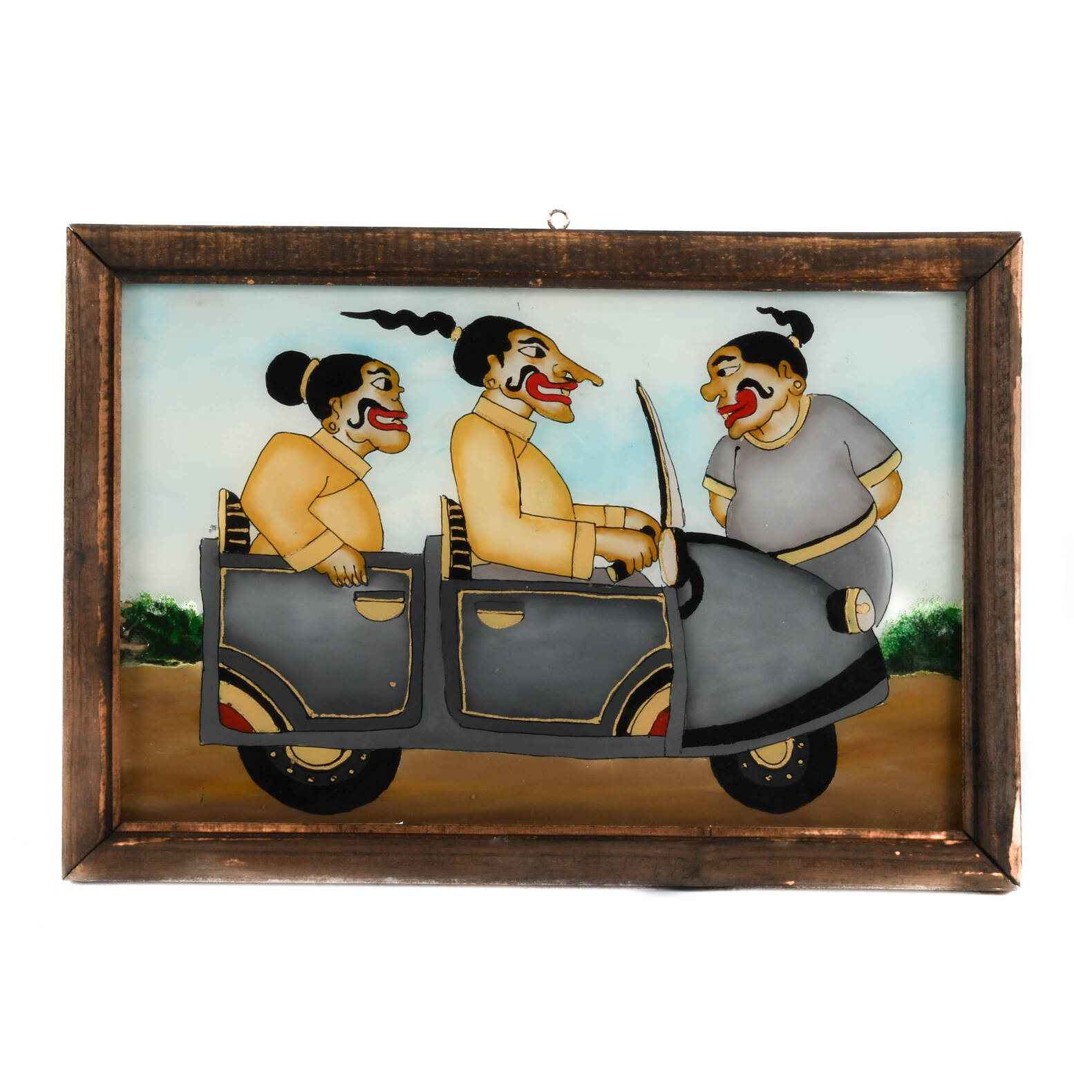 Framed Punakawan Reverse Glass Painting Petruk, Gareng and Bajong in Car