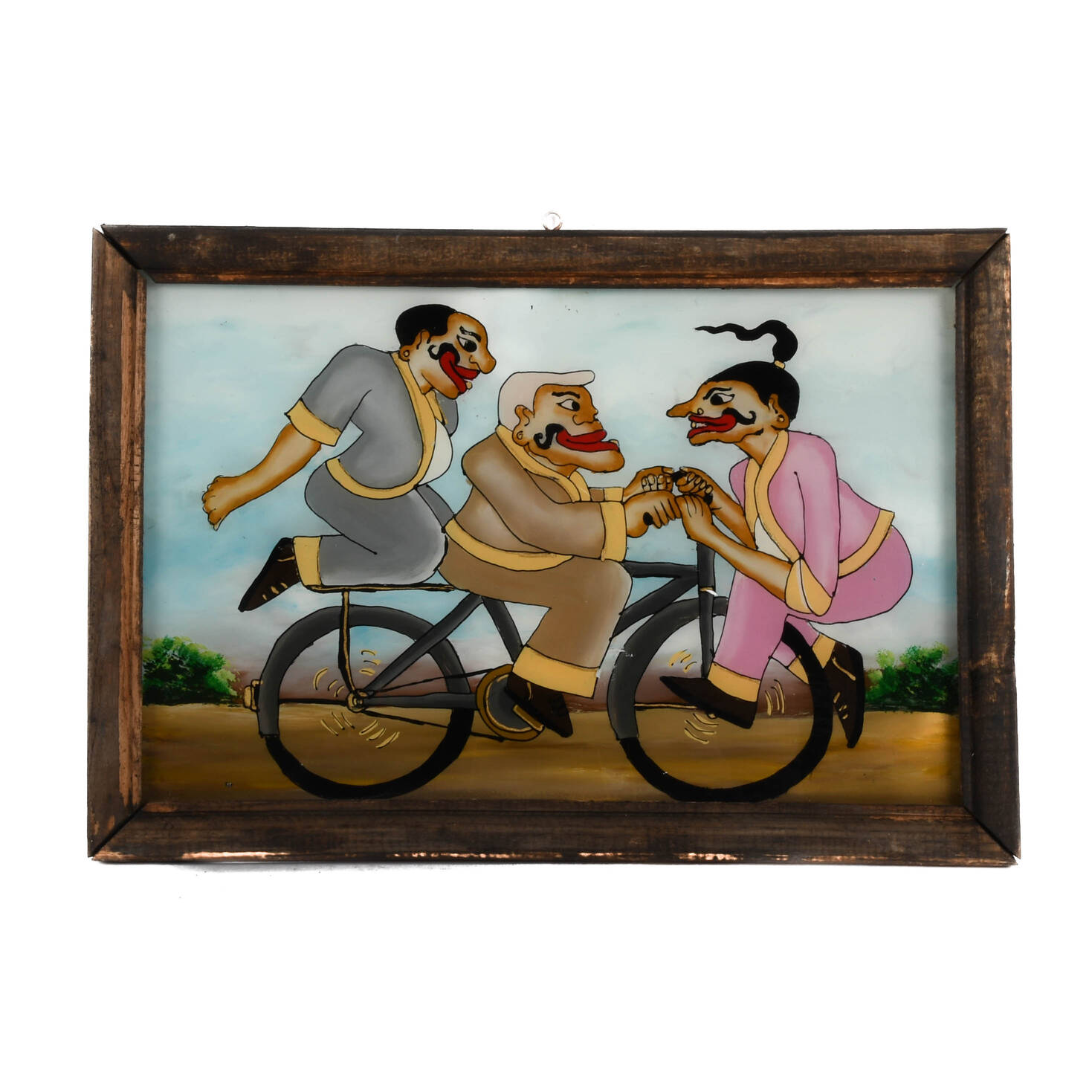 Framed Punakawan Reverse Glass Painting Petruk, Gareng and Bajong Cycling