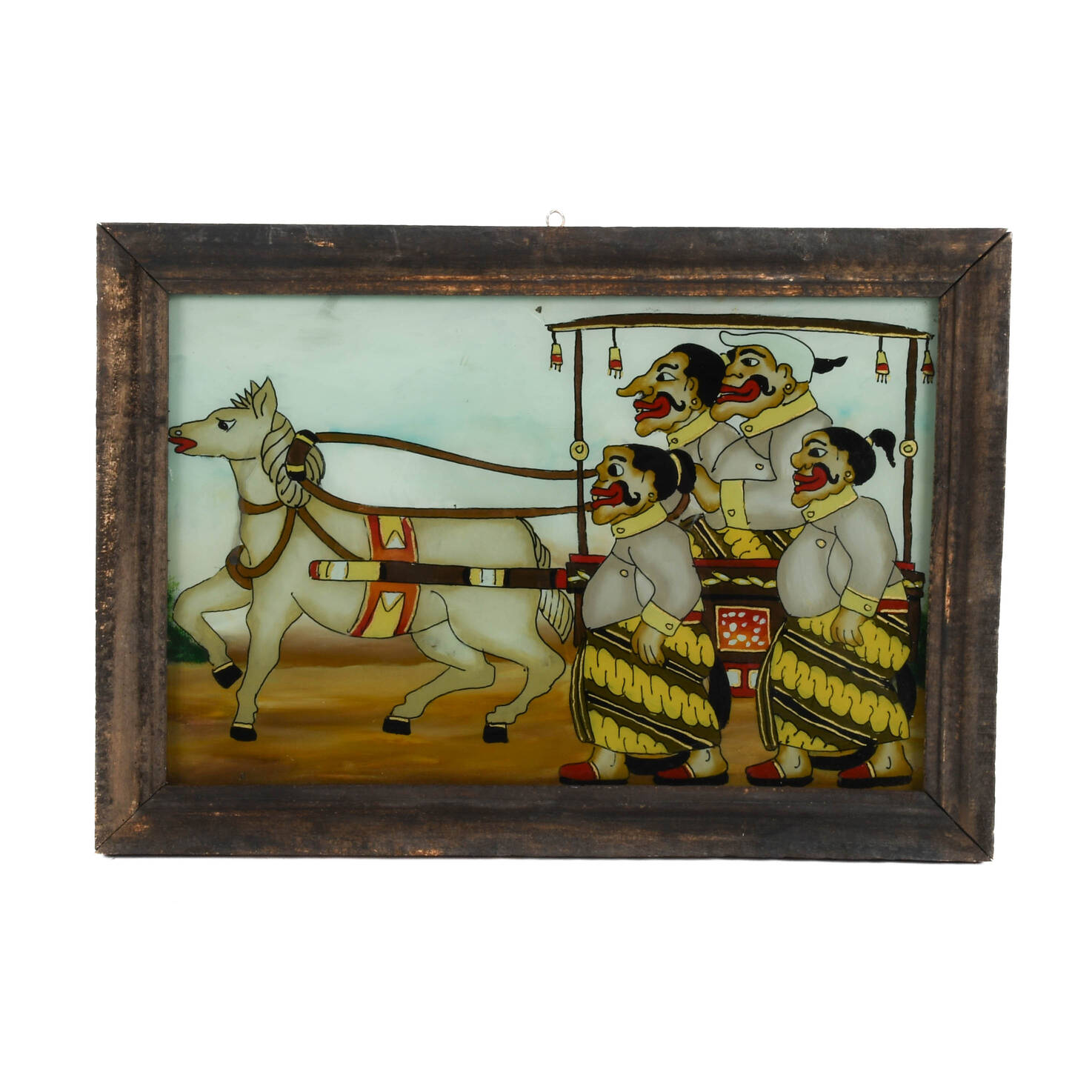Framed Punakawan Royal Procession Reverse Glass Painting