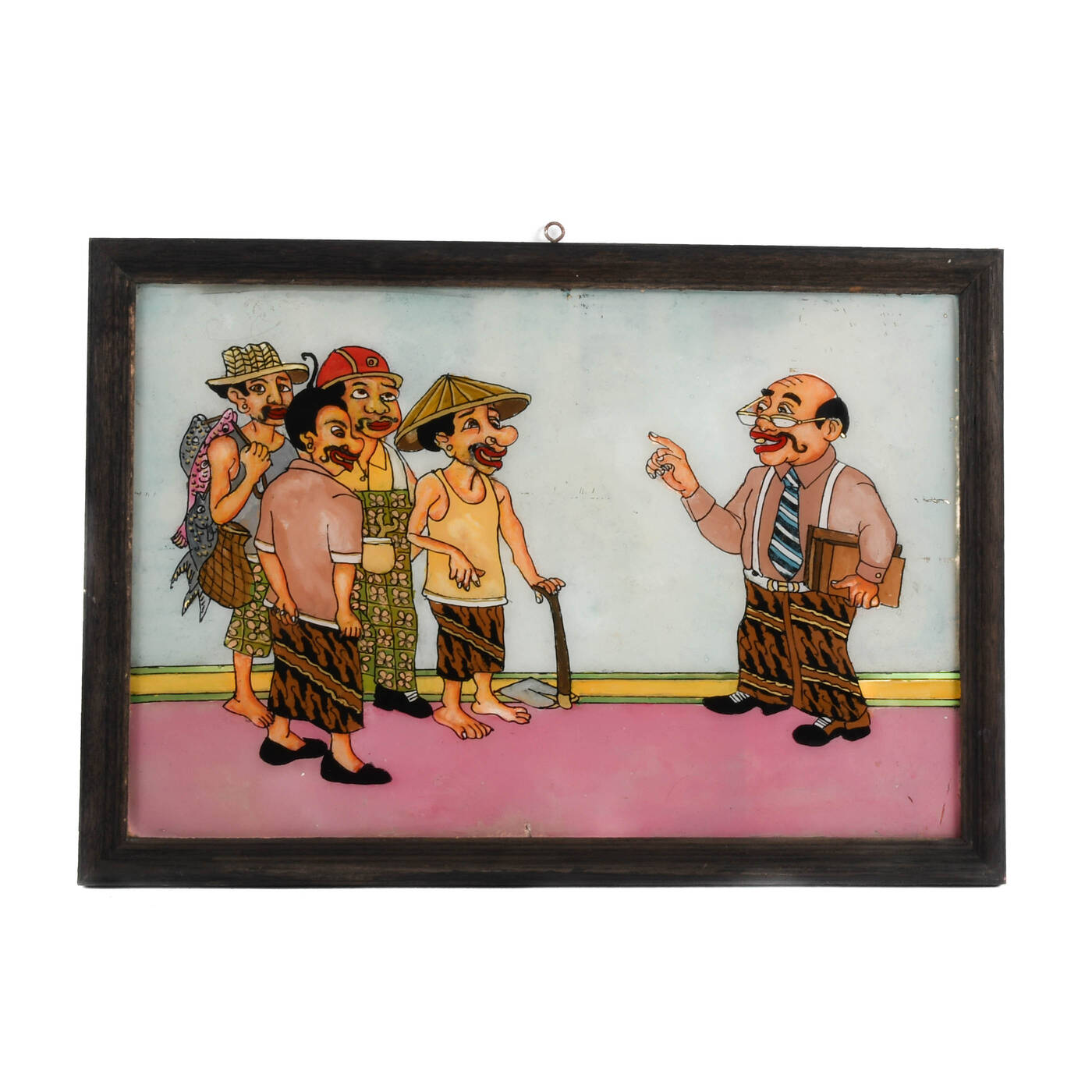 Framed Punakawan Reverse Glass Painting of The Village Briefing