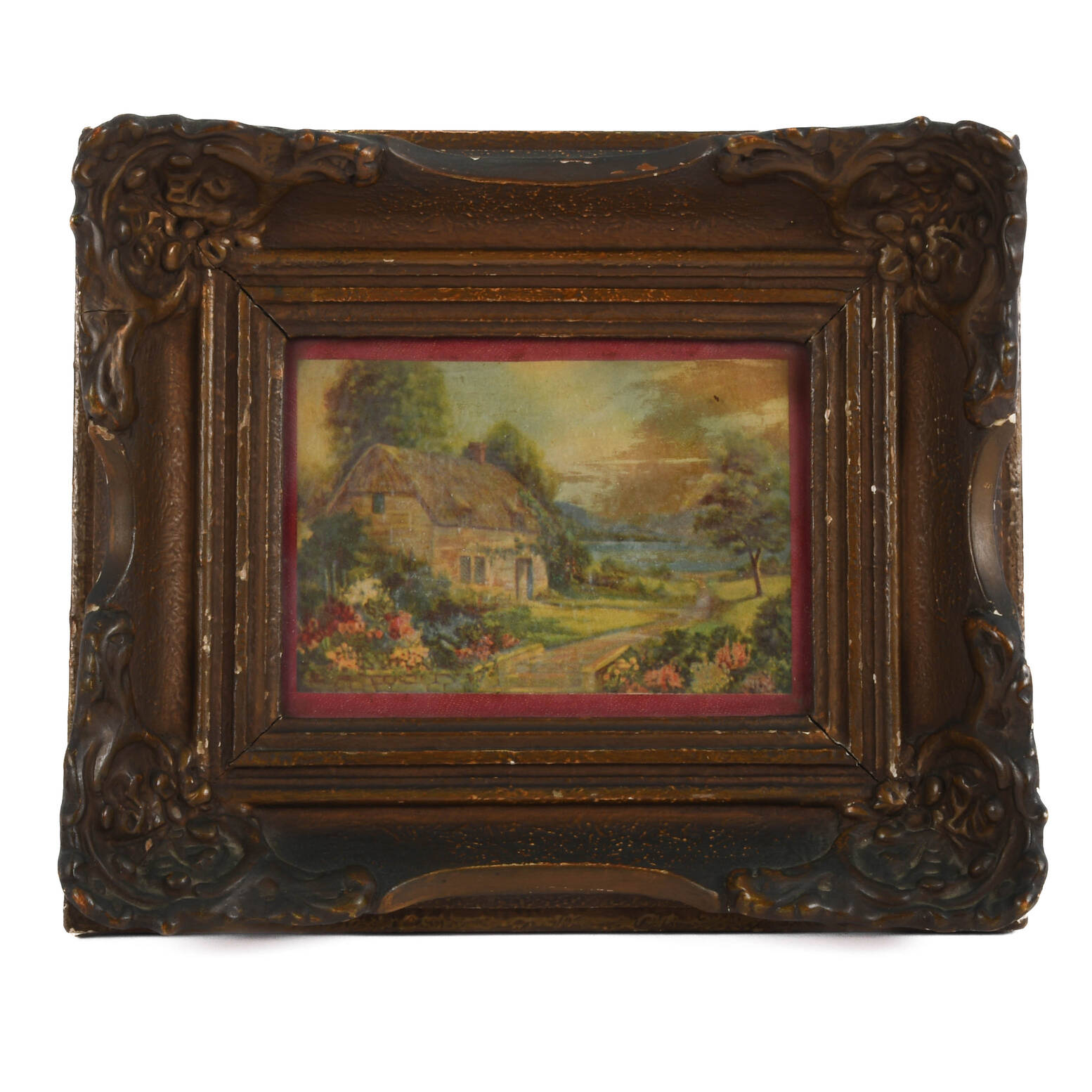 Victorian Ornate Walnut Frame and Print with Leather Banding