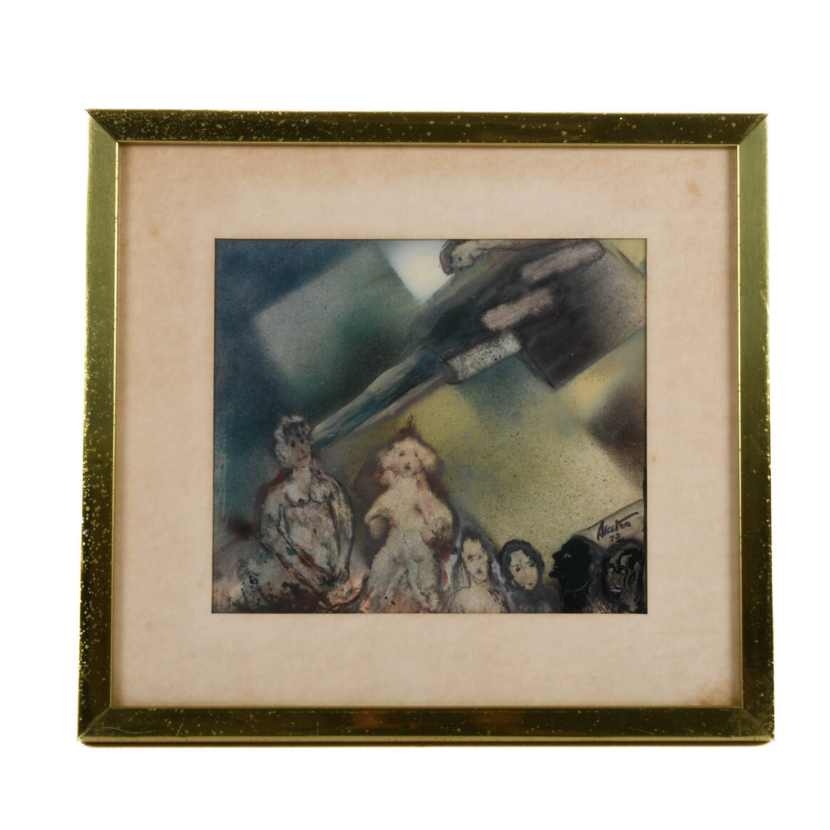 Framed Signed J. Akston "Under Attack, 1973" Enamel and Acrylic on Paper