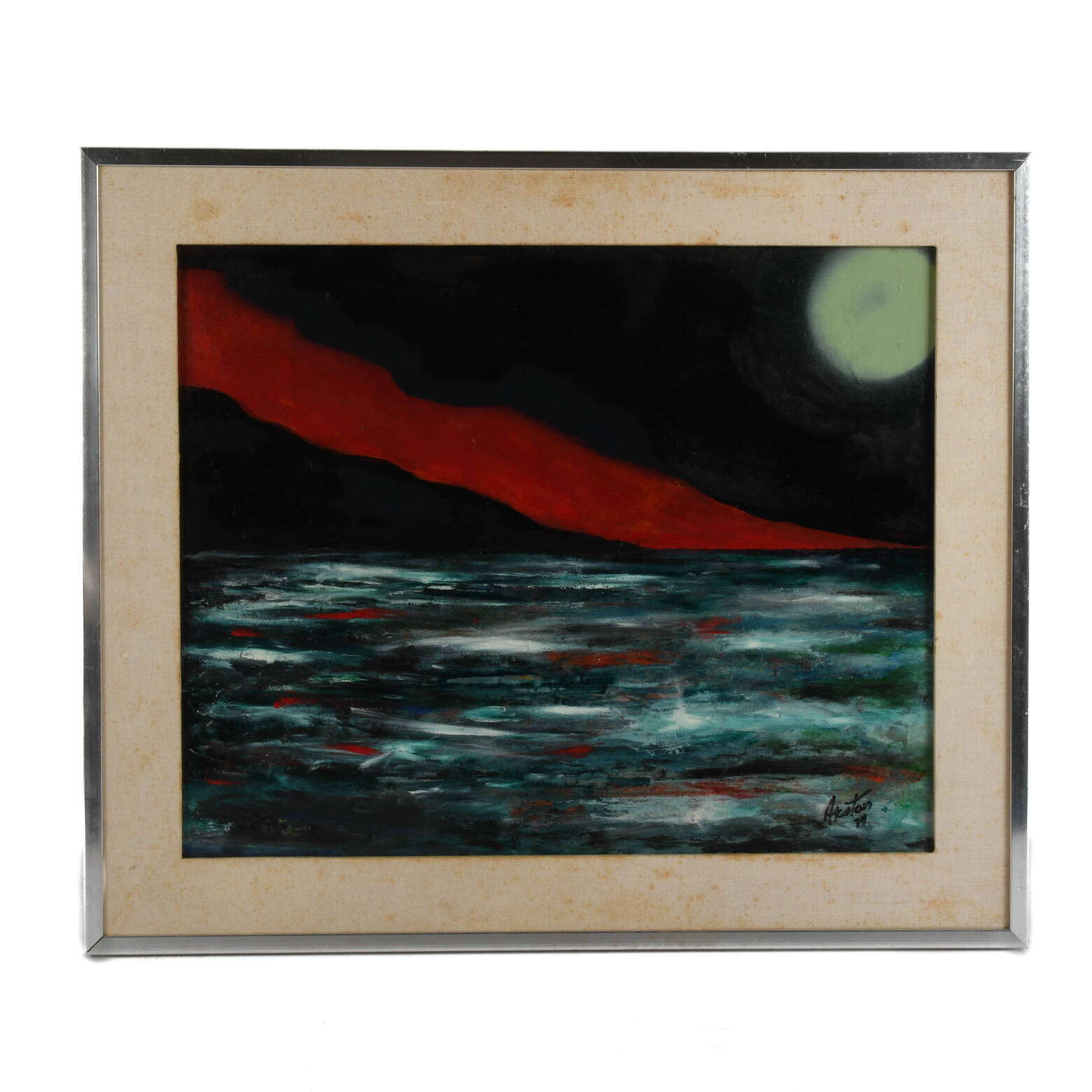 Framed Signed J. Akston "Red Tear, 1974" Oil and Acrylic on Board