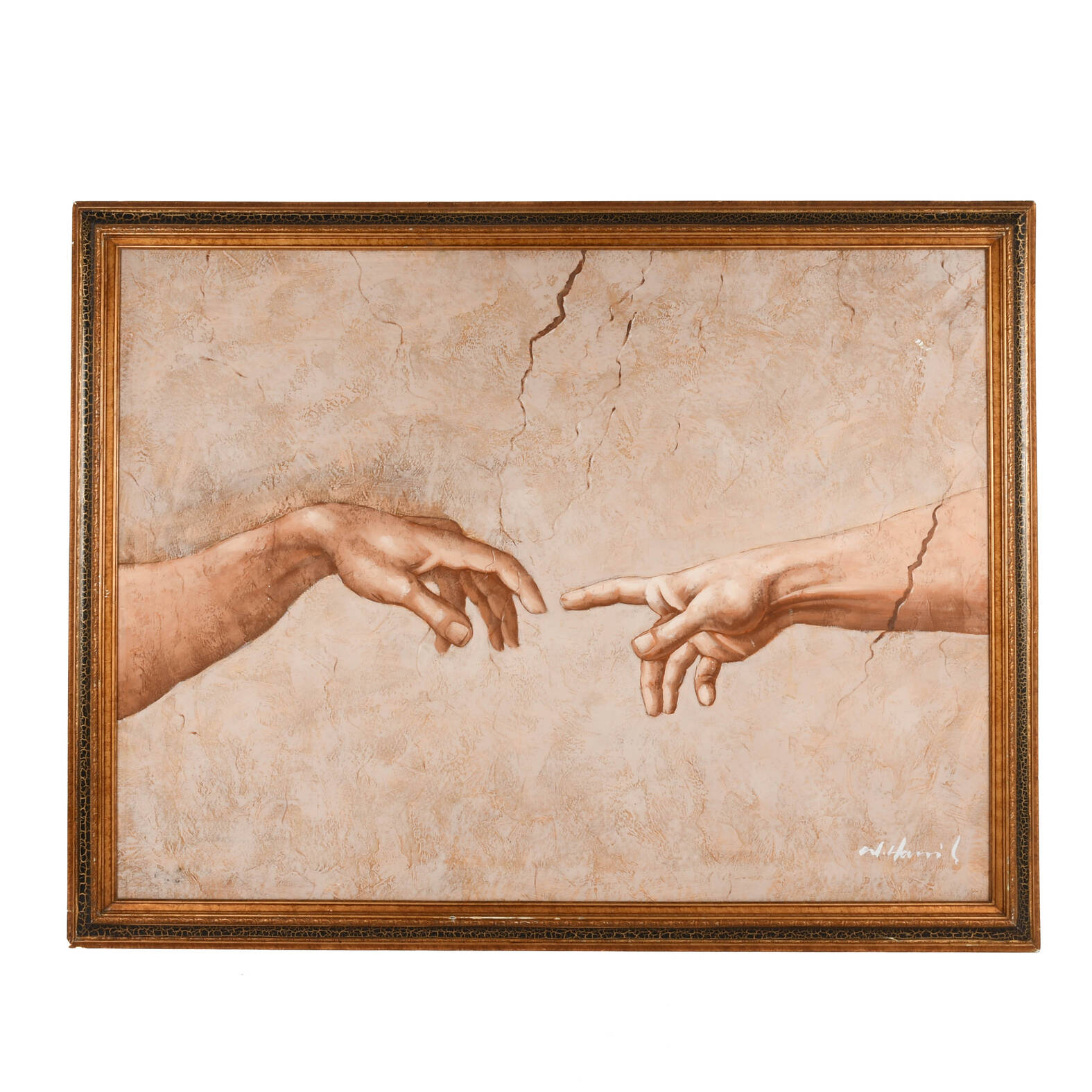 Framed Signed Creation of Adam After Michelangelo Oil on Canvas