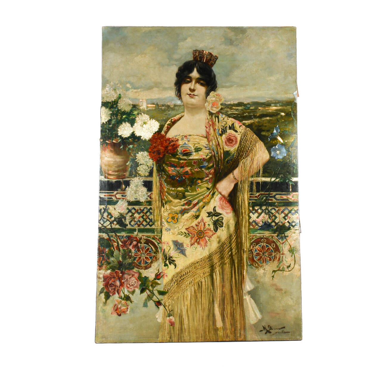 Antique Signed Manuel Ozuna Spanish Portrait Oil on Canvas