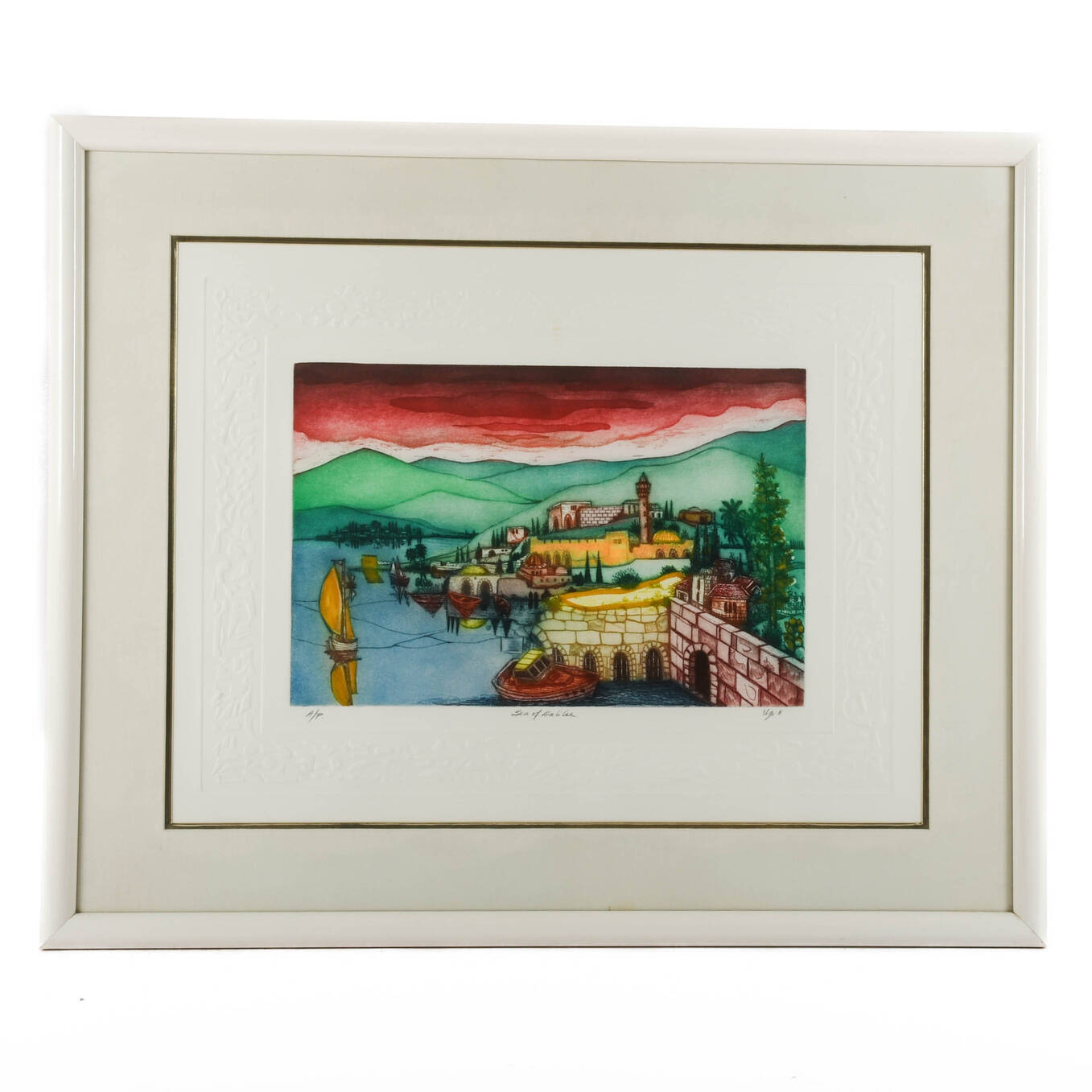 Framed Signed Amram Ebgi "Sea of Galilee" Colored Etching Artist's Proof