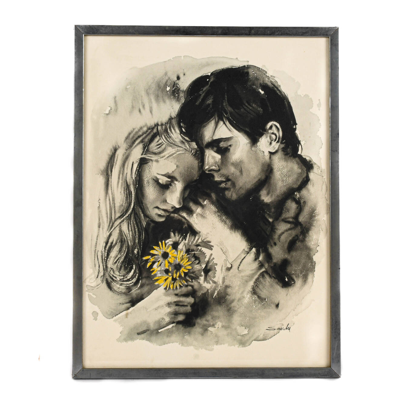 Framed Signed Sandu Liberman "Young Lovers" Gouache Watercolor