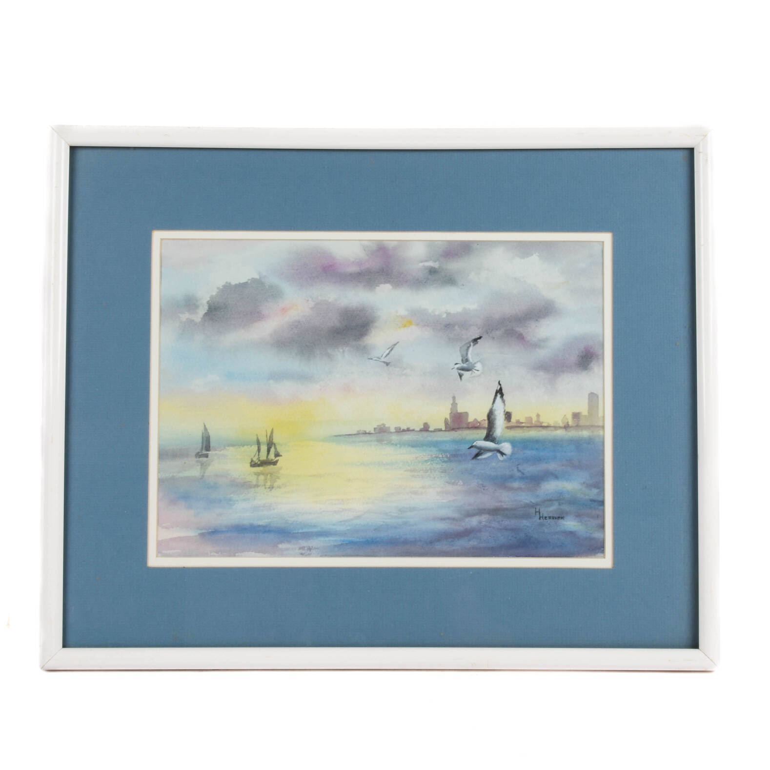 Framed Gouache and Watercolor Seascape by Henry Herrick