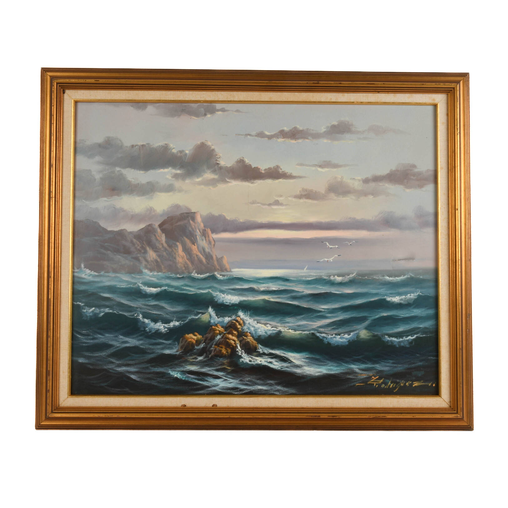 Framed Signed Rocky Coastline Oil on Canvas