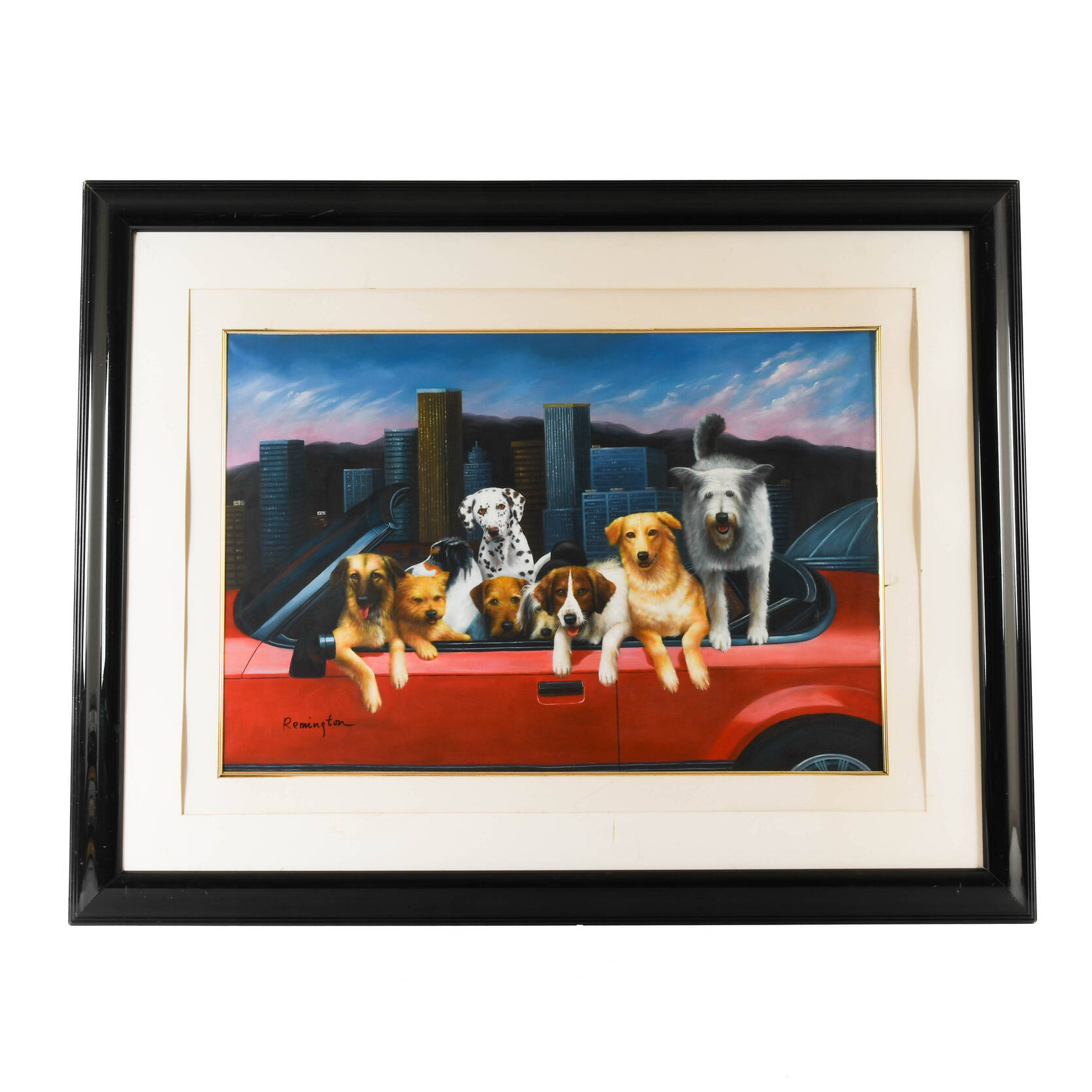 Framed Signed Remington "Canine Convertible Cruise" Oil Painting