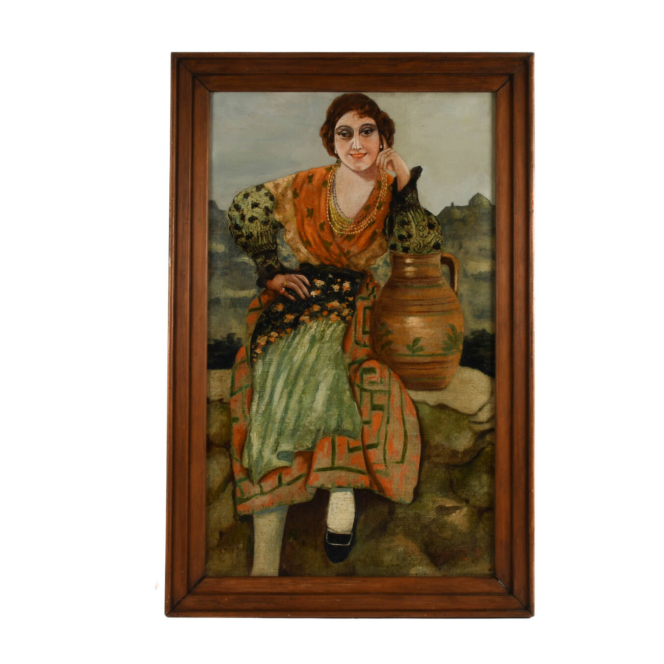 Framed Signed Portait of a European Woman Oil on Canvas