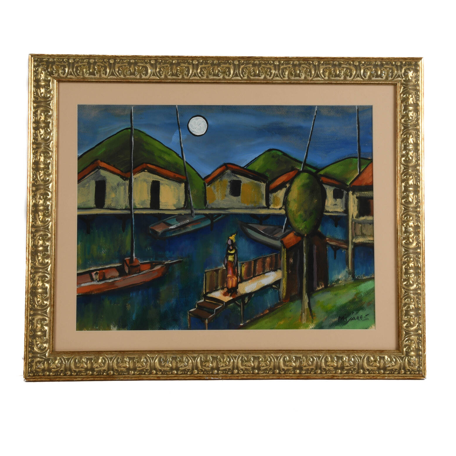 Framed Signed José María Mijares "Waiting Under the Moon" Mix Media
