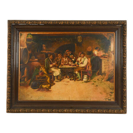 Antique Framed Signed E. Venni Wine, Bread, and Brotherhood Oil on Canvas
