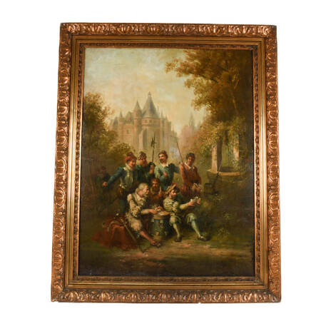 Antique Framed Signed Carlo Rossi Merriment in the Garden Oil on Canvas