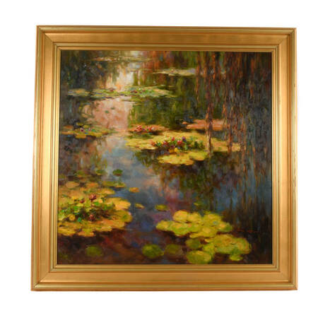 Framed Signed Zhao Song Lilypads in Evening Oil on Canvas
