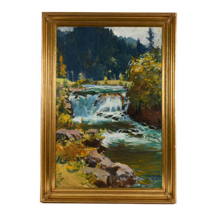 Framed Signed Gentle Waterfall Painting on Canvas