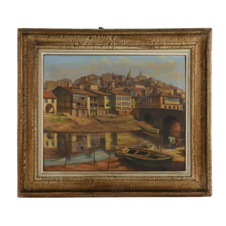 Framed Signed Vidal Couce Riverside Village Scene Oil on Canvas