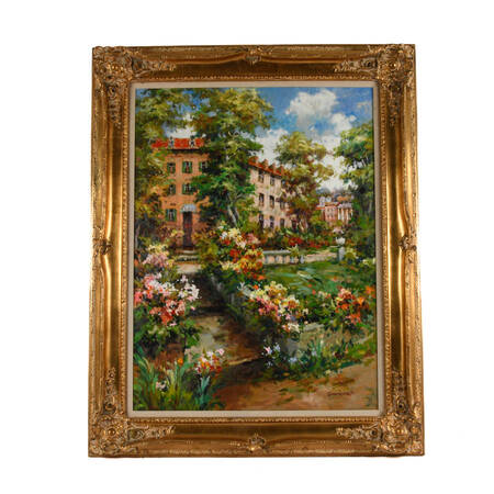 Framed Signed Ganionet Garden Promenade Oil on Canvas