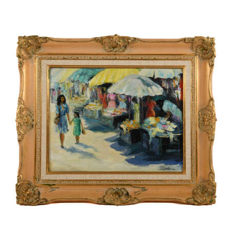 Framed Signed Market of Color Mixed Media on Board