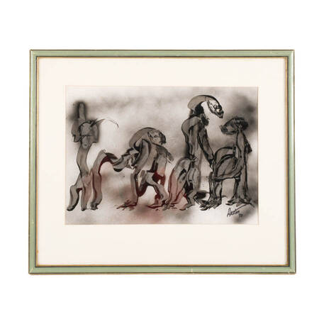 Framed J. Akston "Family Visit" Oil on Paper