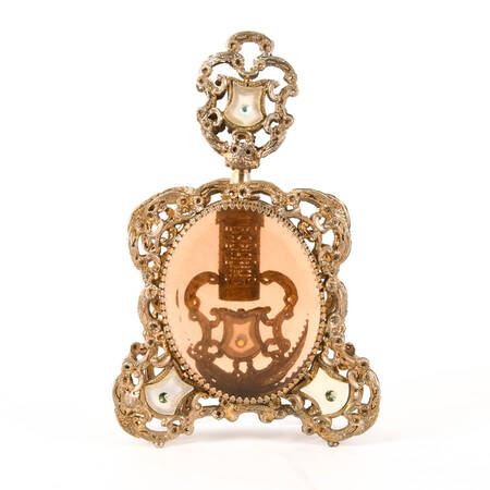 Hollywood Regency Gold Filigree and Mother of Pearl Inset Perfume Bottle