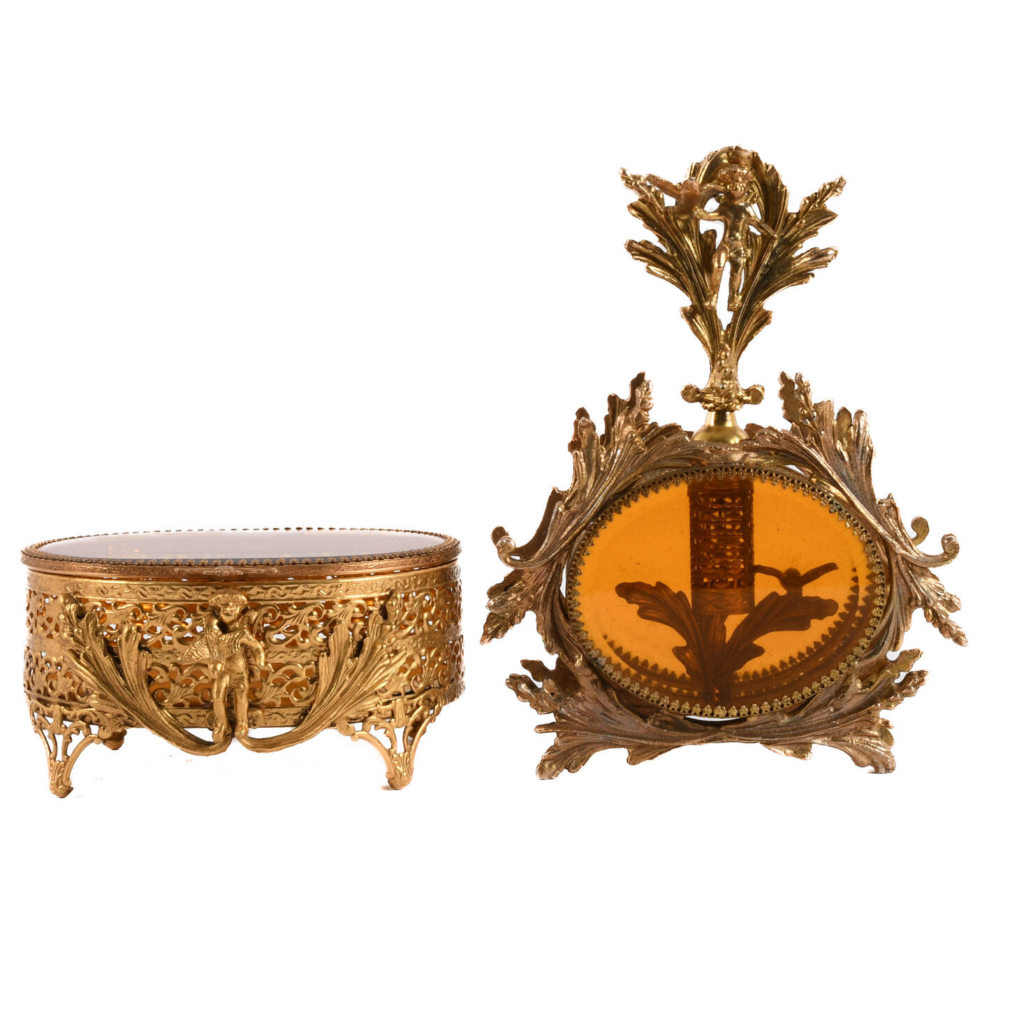 Hollywood Regency Ormolu and Brass Perfume Bottle and Trinket Box