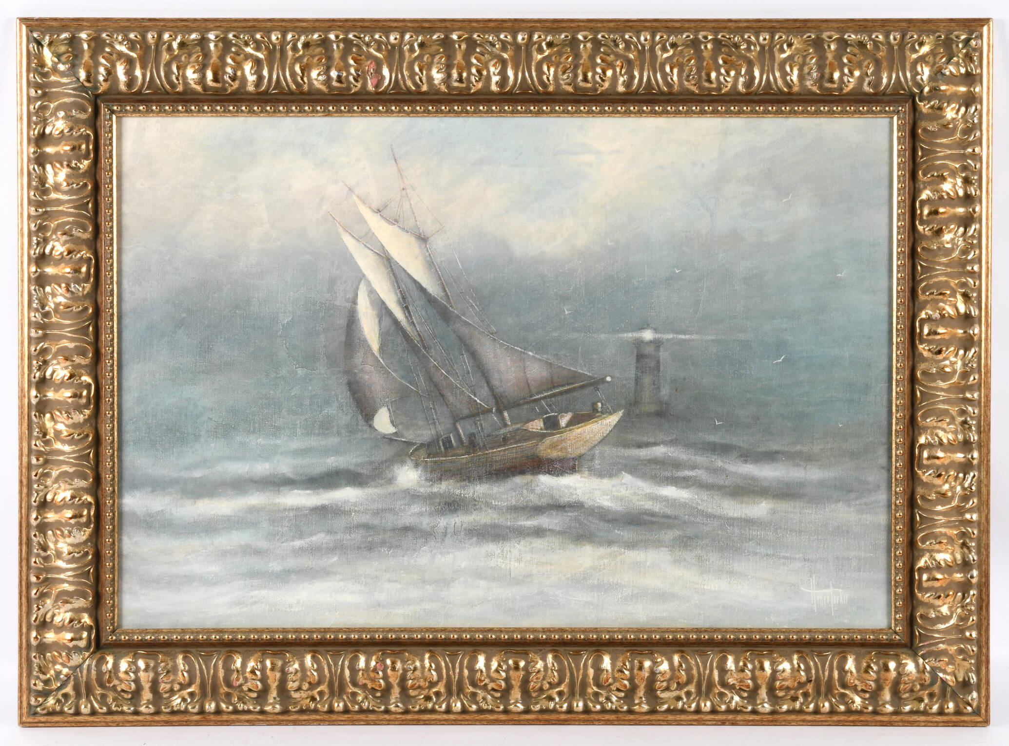 Framed Signed Tempest Voyage Oil on Canvas