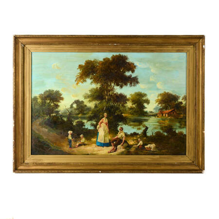 Framed "Gathering at the Water's Edge" Oil on Canvas