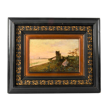 Framed Signed "Silhouette at Dusk" Oil on Board