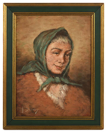Framed Signed Portrait of Woman with Headscarf Paint on Canvas