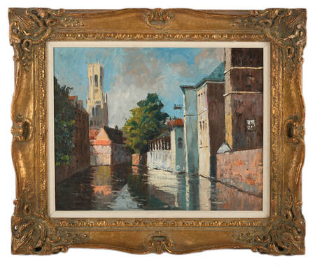 Framed "View of Bruges" Oil on Canvas