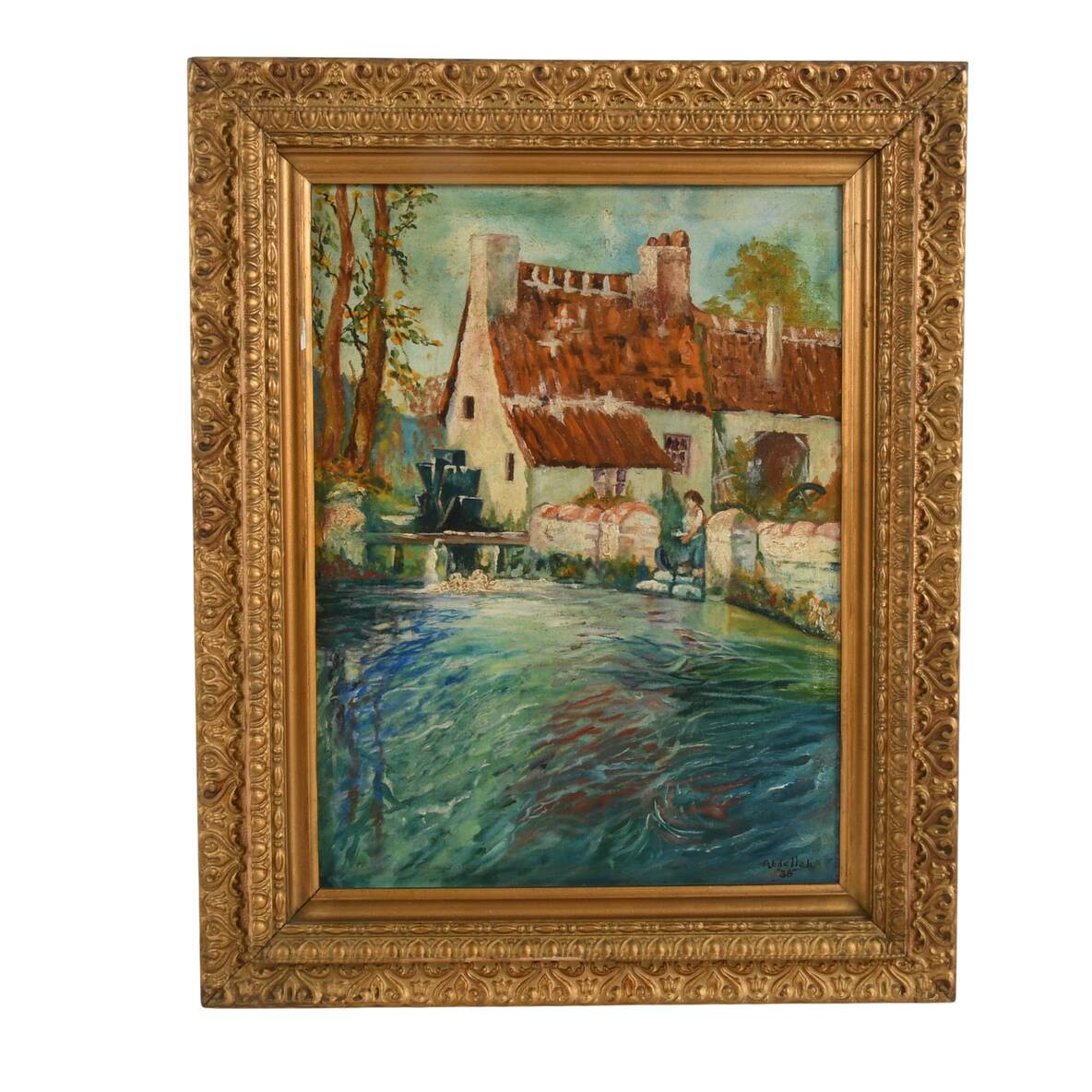 Framed Impressionist "Old Mill" Oil on Board After George Ames Aldrich